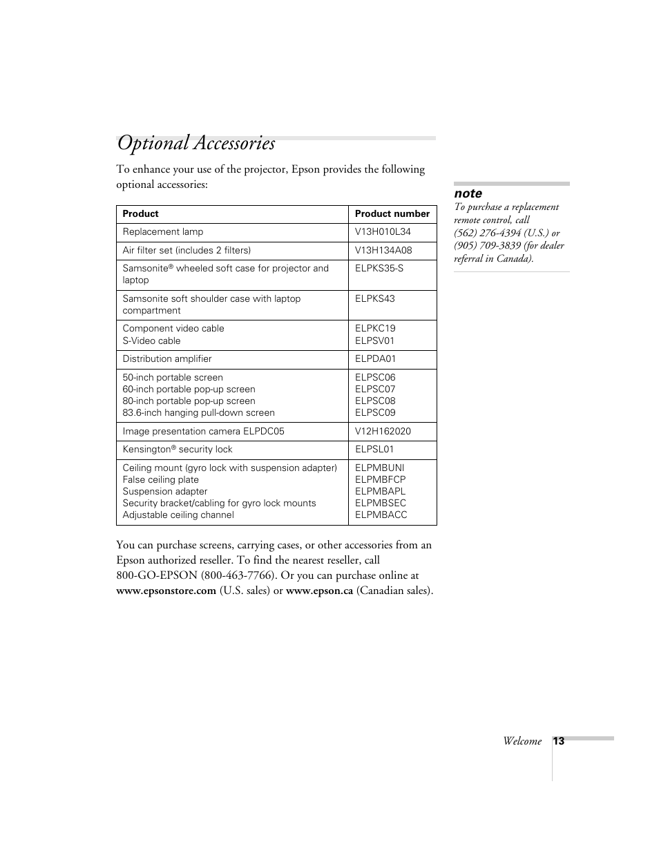 Optional accessories | Epson 76C User Manual | Page 13 / 111