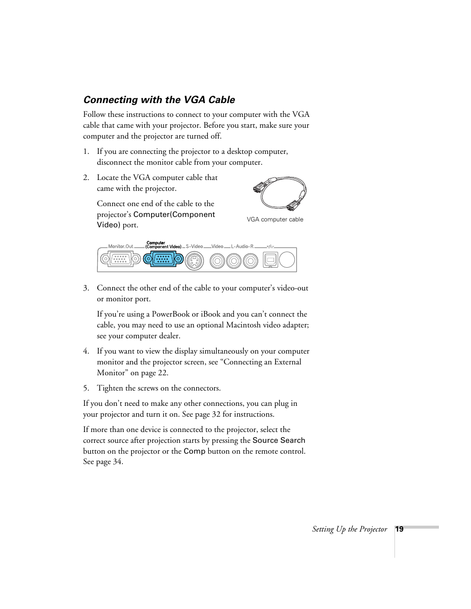 Connecting with the vga cable | Epson 76C User Manual | Page 19 / 111