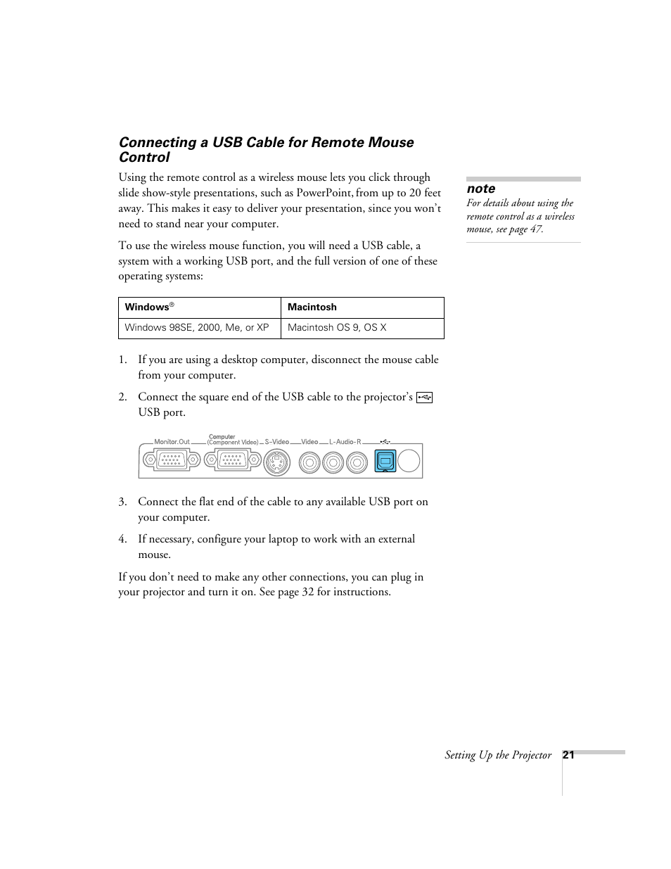 Connecting a usb cable for remote mouse control | Epson 76C User Manual | Page 21 / 111