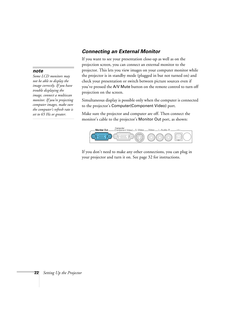 Connecting an external monitor | Epson 76C User Manual | Page 22 / 111