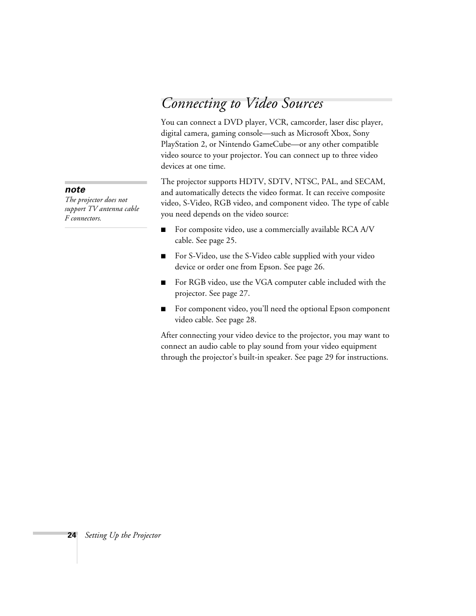 Connecting to video sources | Epson 76C User Manual | Page 24 / 111