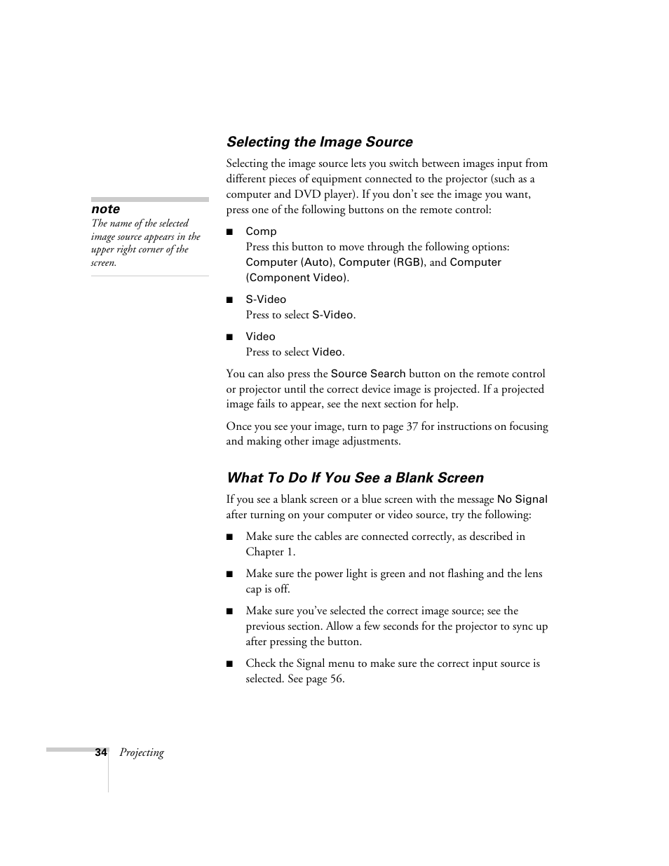 Selecting the image source, What to do if you see a blank screen | Epson 76C User Manual | Page 34 / 111