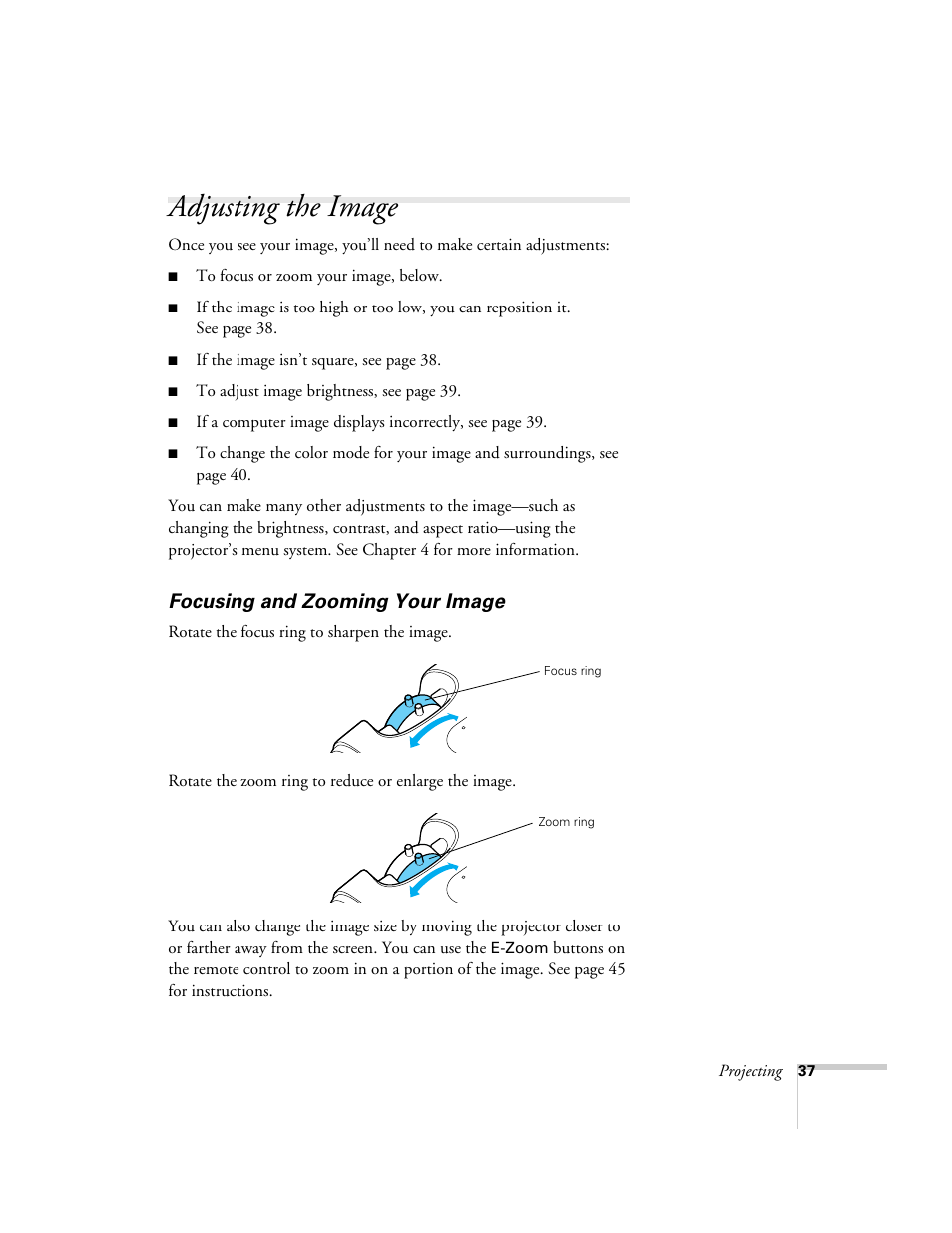 Adjusting the image, Focusing and zooming your image | Epson 76C User Manual | Page 37 / 111