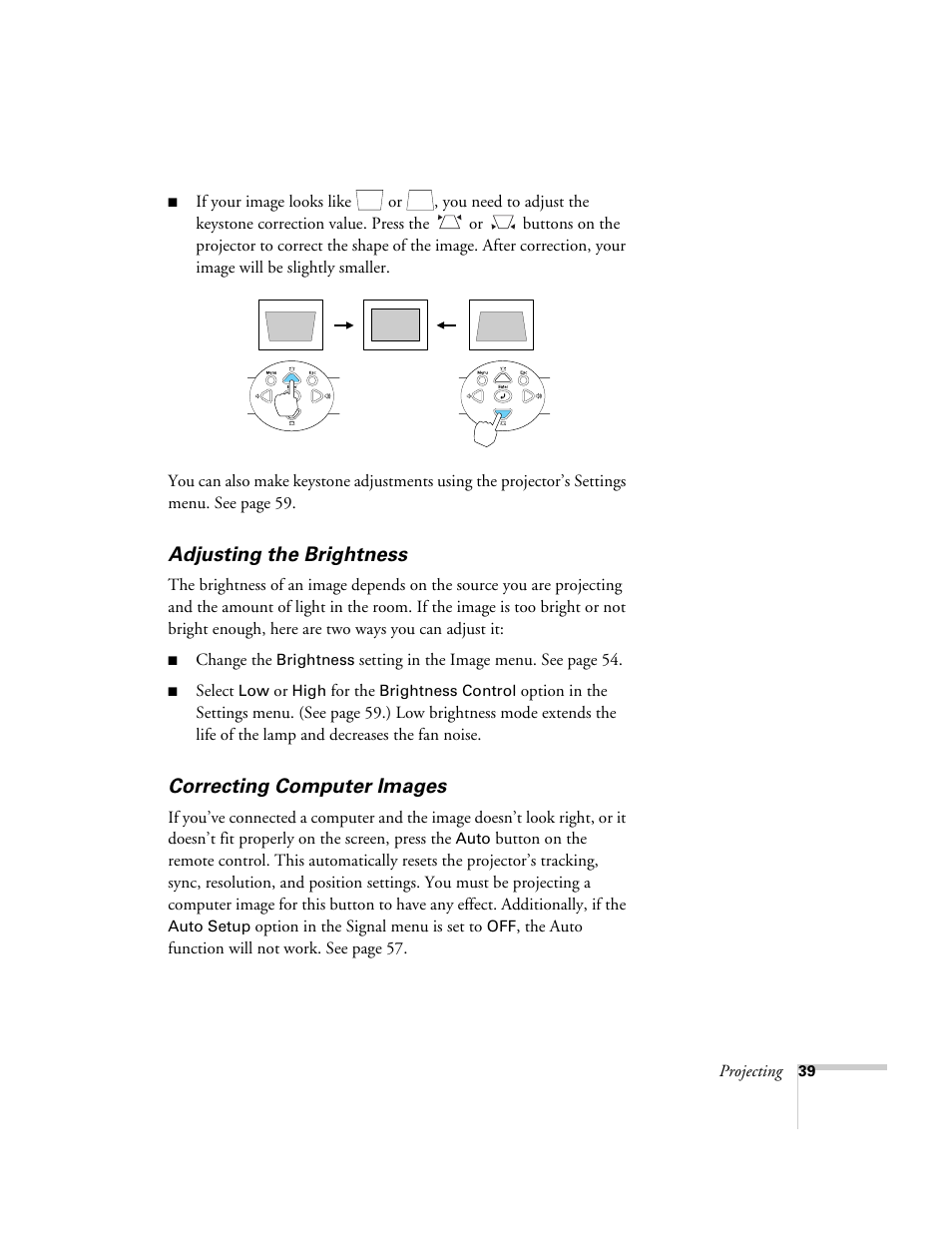 Adjusting the brightness, Correcting computer images | Epson 76C User Manual | Page 39 / 111