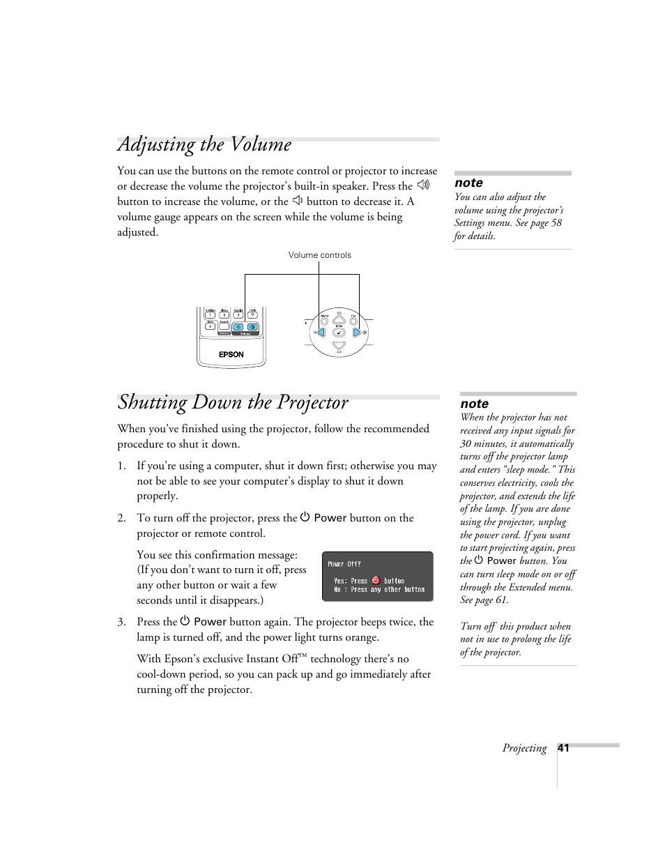 Adjusting the volume, Shutting down the projector, Adjusting the volume shutting down the projector | Epson 76C User Manual | Page 41 / 111