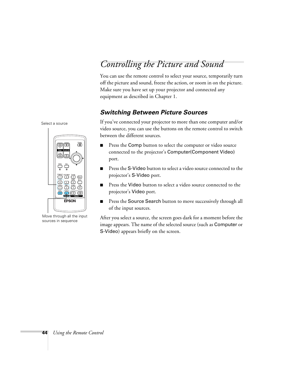 Controlling the picture and sound, Switching between picture sources | Epson 76C User Manual | Page 44 / 111