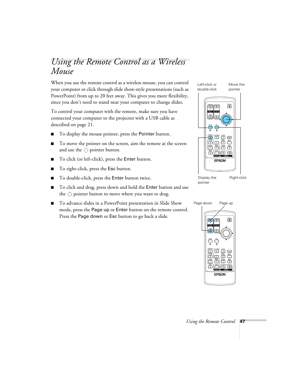 Using the remote control as a wireless mouse | Epson 76C User Manual | Page 47 / 111
