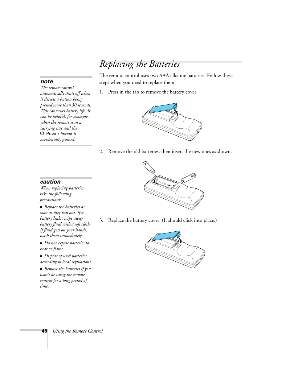 Replacing the batteries, Replacing the remote control batteries | Epson 76C User Manual | Page 48 / 111