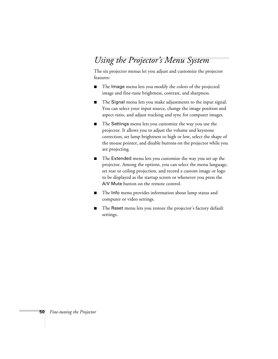 Using the projector’s menu system, Using the menu system | Epson 76C User Manual | Page 50 / 111