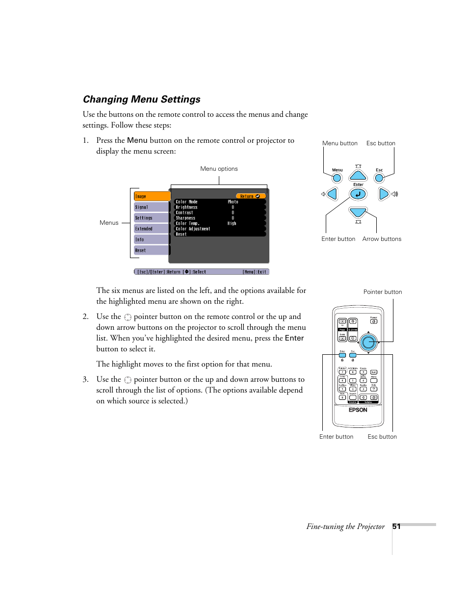 Changing menu settings | Epson 76C User Manual | Page 51 / 111