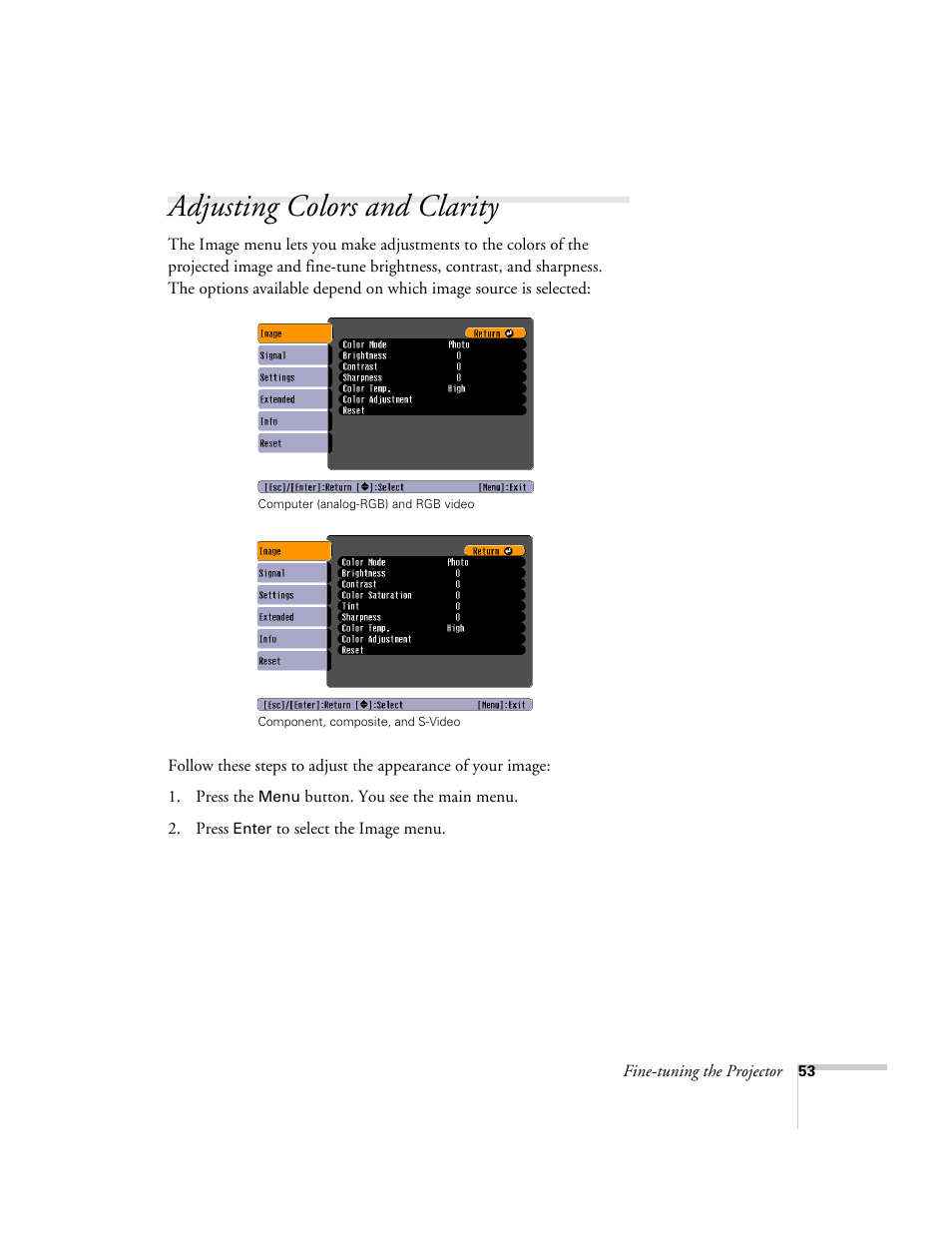 Adjusting colors and clarity, Adjusting image colors and clarity | Epson 76C User Manual | Page 53 / 111