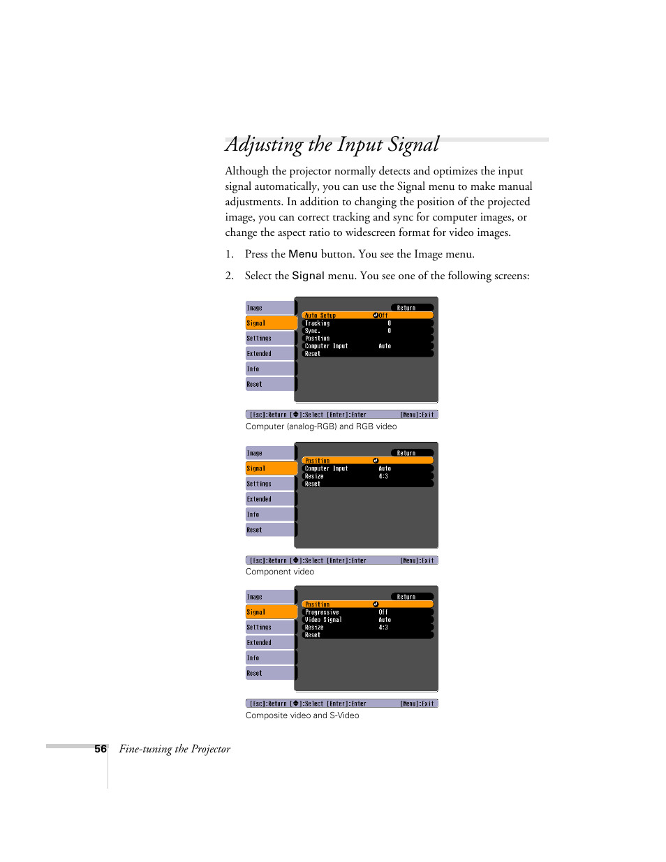 Adjusting the input signal | Epson 76C User Manual | Page 56 / 111