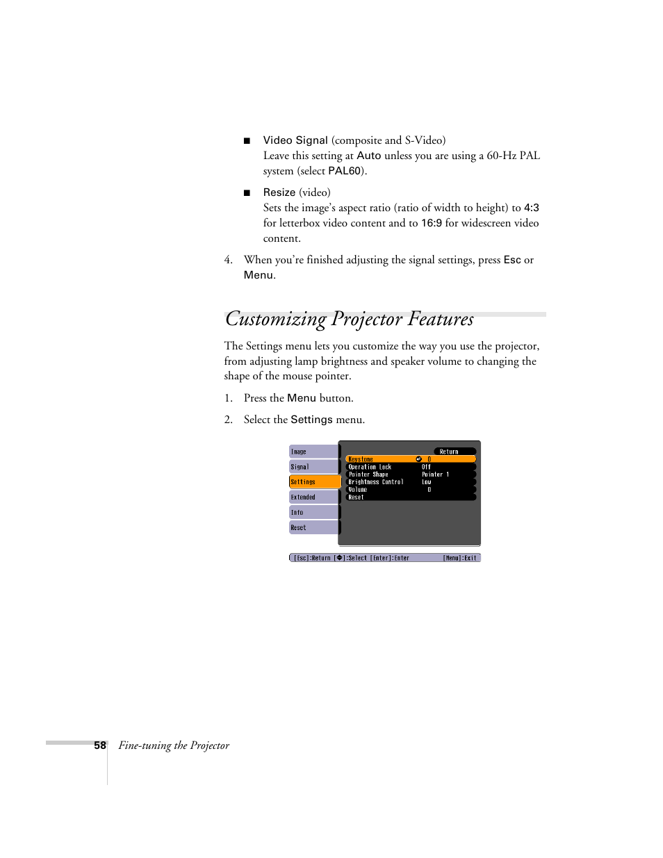 Customizing projector features | Epson 76C User Manual | Page 58 / 111