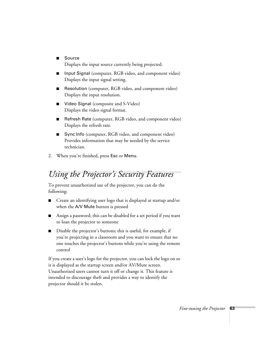 Using the projector’s security features | Epson 76C User Manual | Page 63 / 111