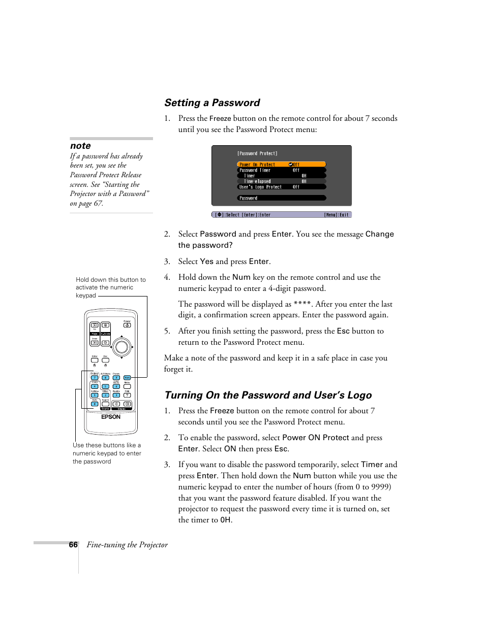 Setting a password, Turning on the password and user’s logo | Epson 76C User Manual | Page 66 / 111