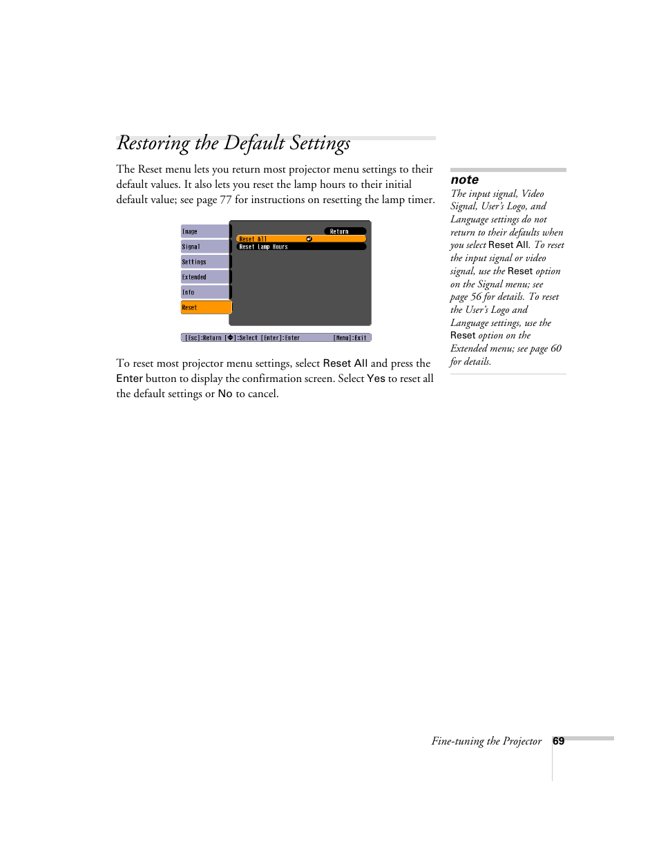 Restoring the default settings | Epson 76C User Manual | Page 69 / 111