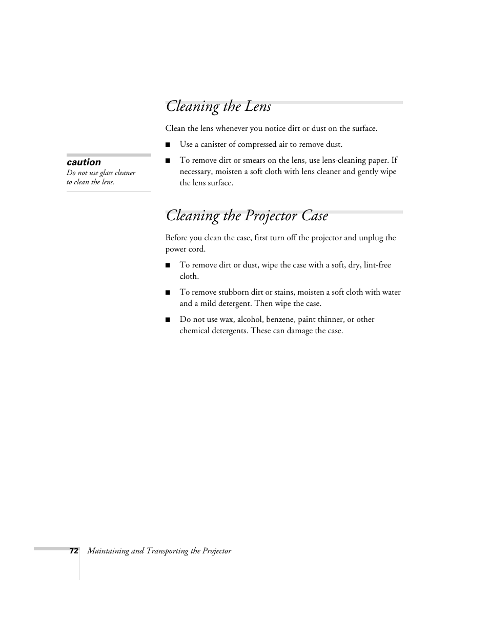 Cleaning the lens, Cleaning the projector case, Cleaning the lens cleaning the projector case | Epson 76C User Manual | Page 72 / 111