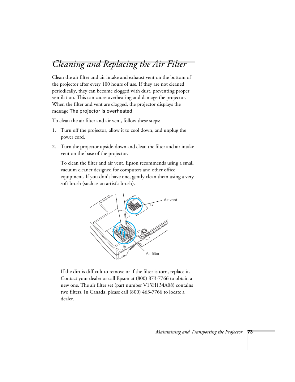 Cleaning and replacing the air filter | Epson 76C User Manual | Page 73 / 111