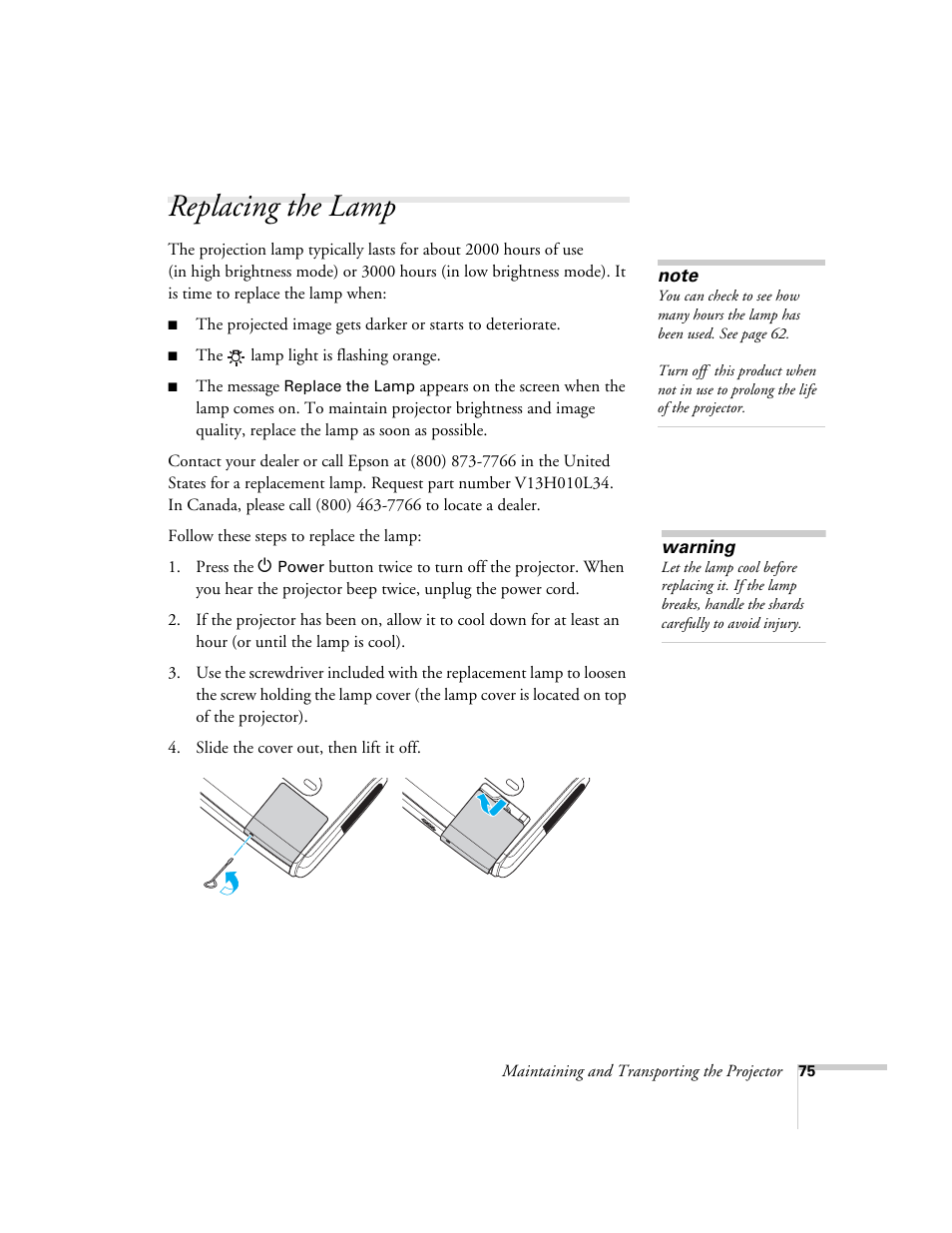 Replacing the lamp | Epson 76C User Manual | Page 75 / 111
