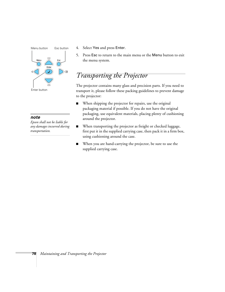 Transporting the projector | Epson 76C User Manual | Page 78 / 111