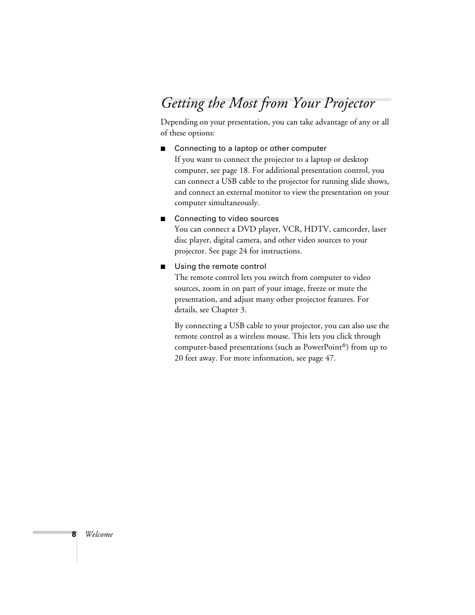 Getting the most from your projector | Epson 76C User Manual | Page 8 / 111