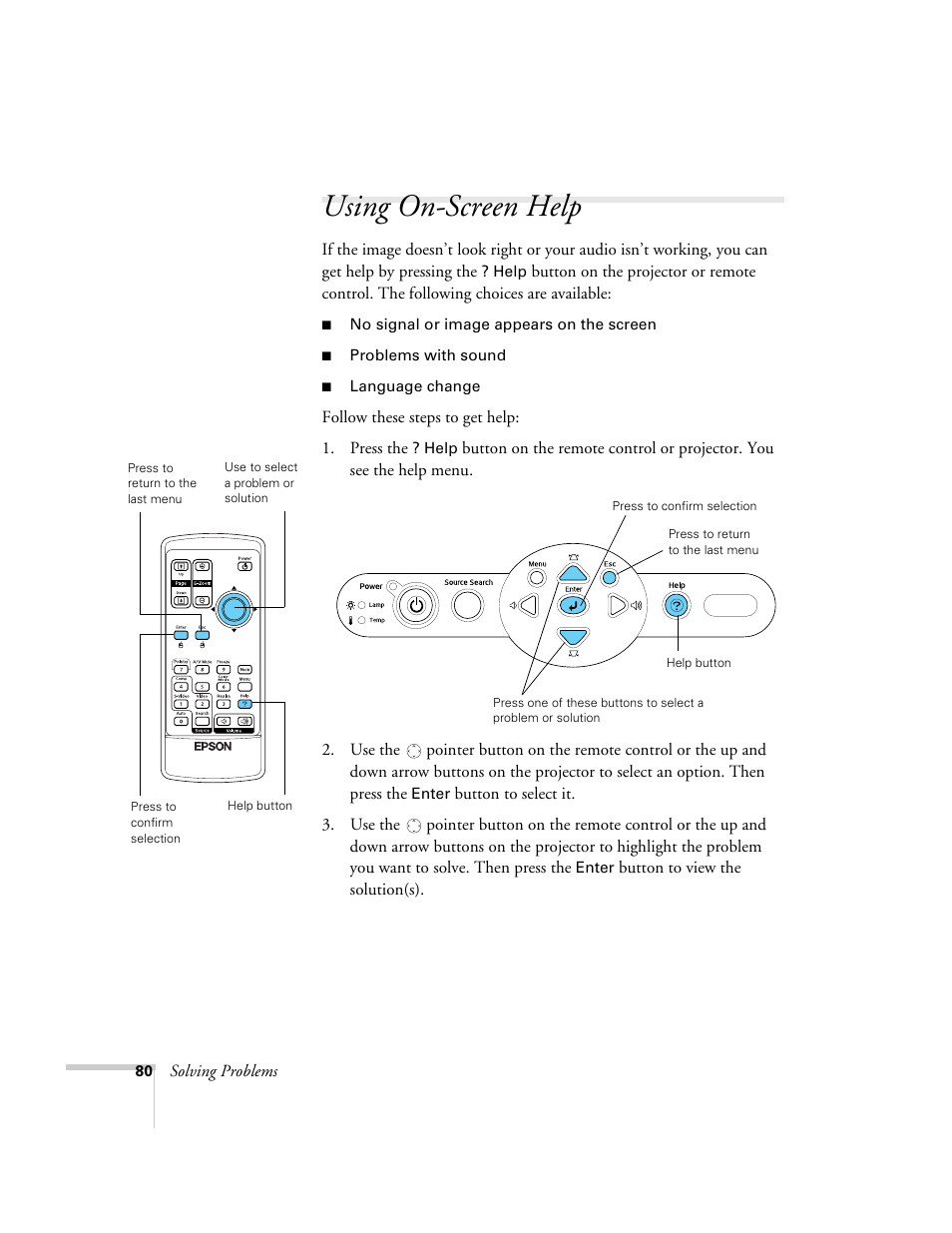 Using on-screen help, Using the projector’s on-screen help system | Epson 76C User Manual | Page 80 / 111