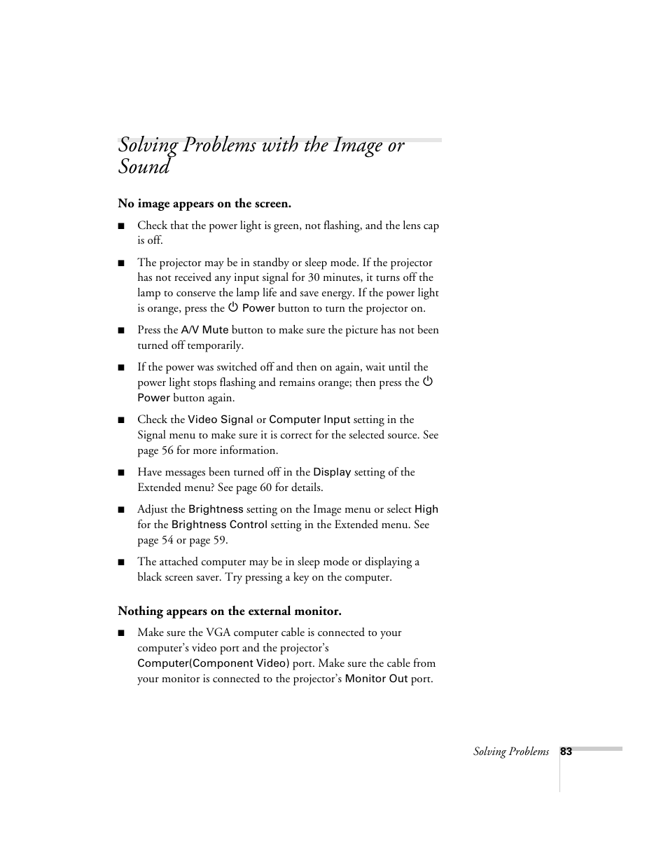 Solving problems with the image or sound | Epson 76C User Manual | Page 83 / 111
