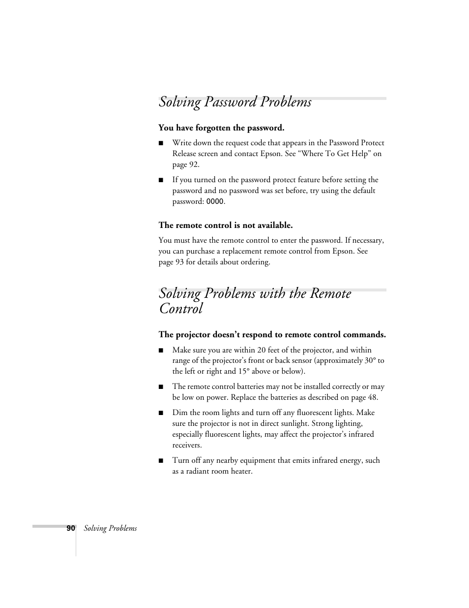 Solving password problems, Solving problems with the remote control | Epson 76C User Manual | Page 90 / 111