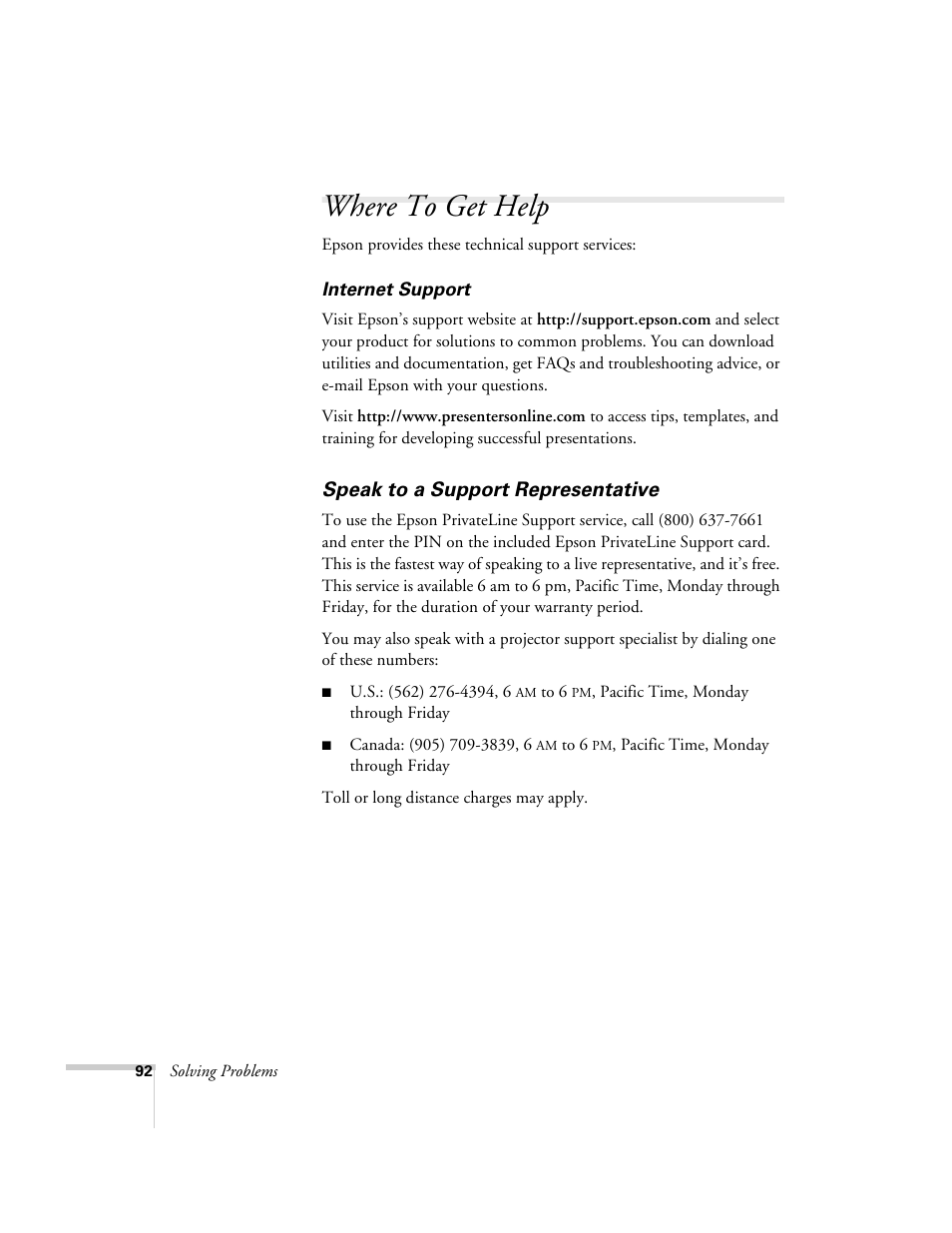 Where to get help, Speak to a support representative, Contacting technical support | Epson 76C User Manual | Page 92 / 111