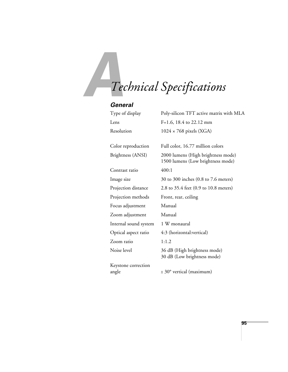 Technical specifications, General | Epson 76C User Manual | Page 95 / 111