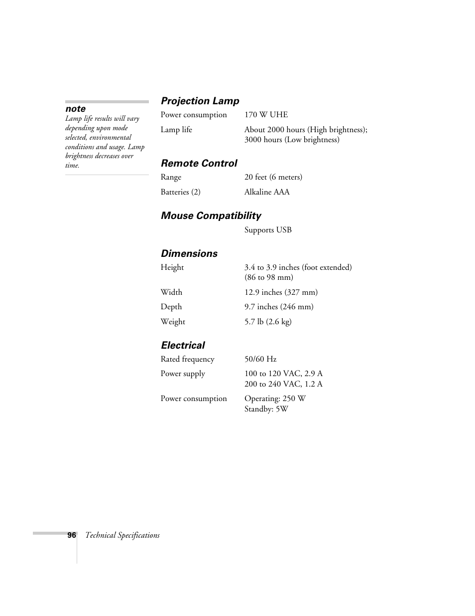 Projection lamp, Remote control, Mouse compatibility | Dimensions, Electrical, Projection lamp remote control mouse compatibility, Dimensions electrical | Epson 76C User Manual | Page 96 / 111