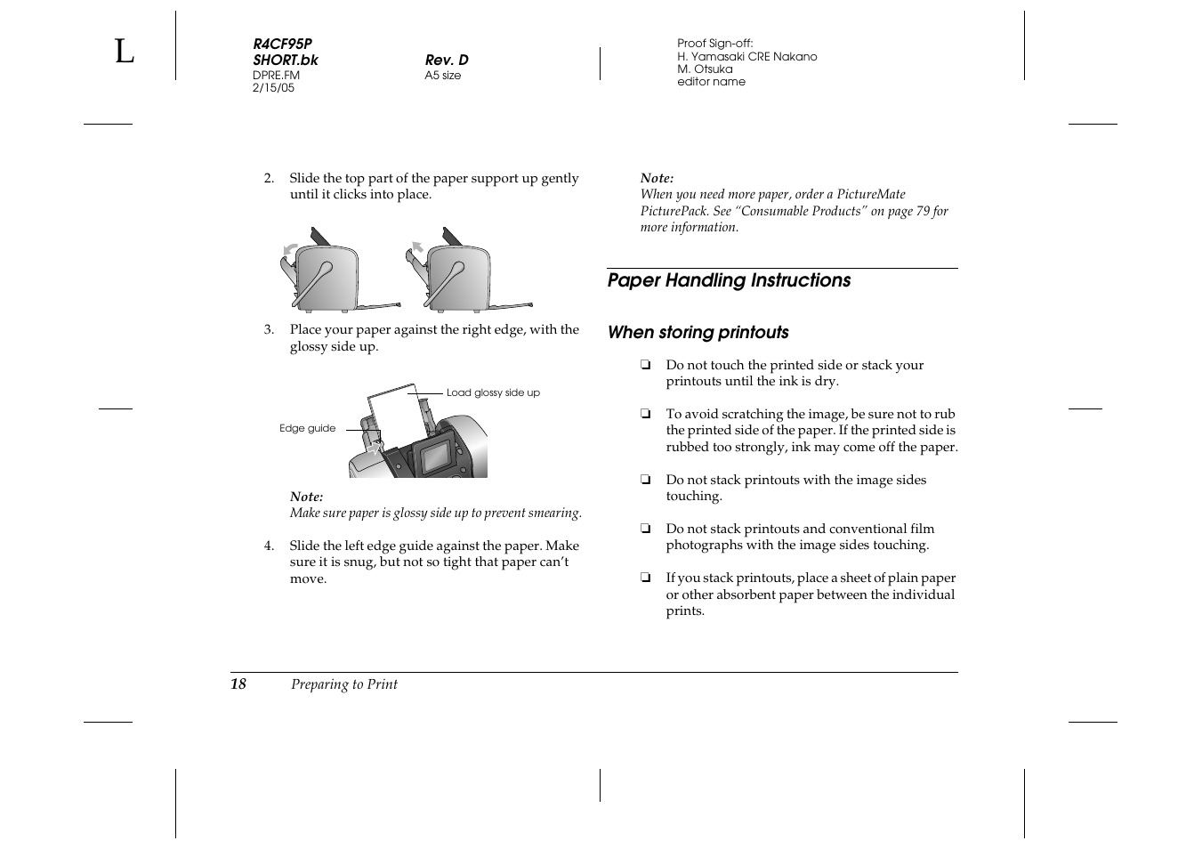 Paper handling instructions | Epson PictureMate 500 User Manual | Page 18 / 90