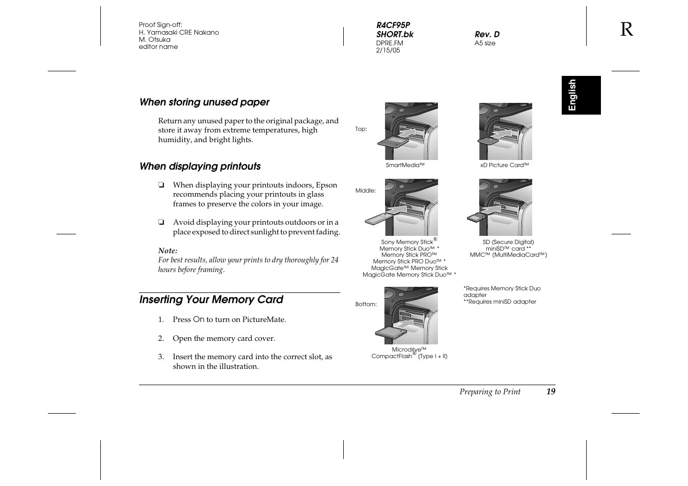 When storing unused paper, When displaying printouts | Epson PictureMate 500 User Manual | Page 19 / 90