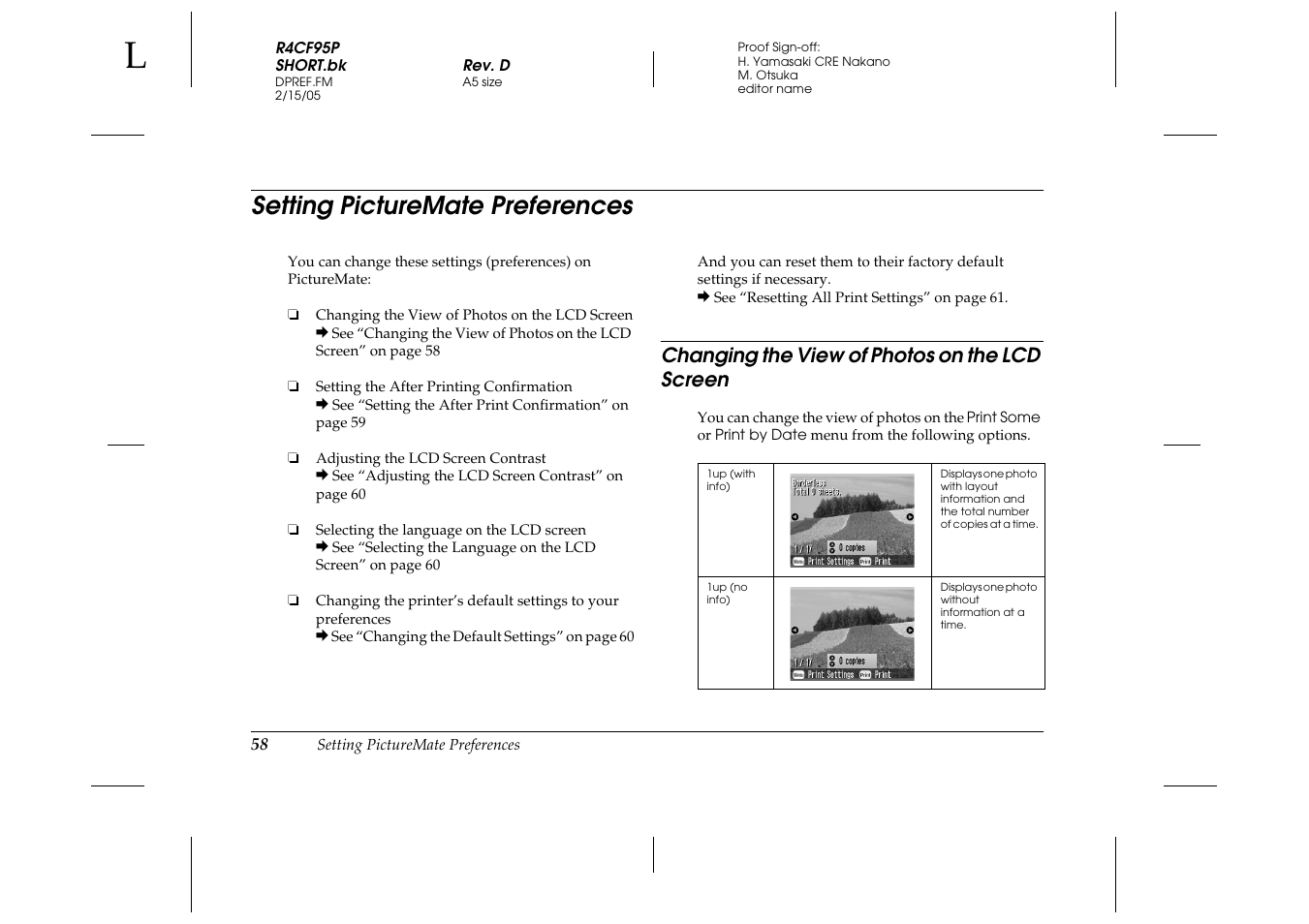 Setting picturemate preferences, Changing the view of photos on the lcd screen | Epson PictureMate 500 User Manual | Page 58 / 90