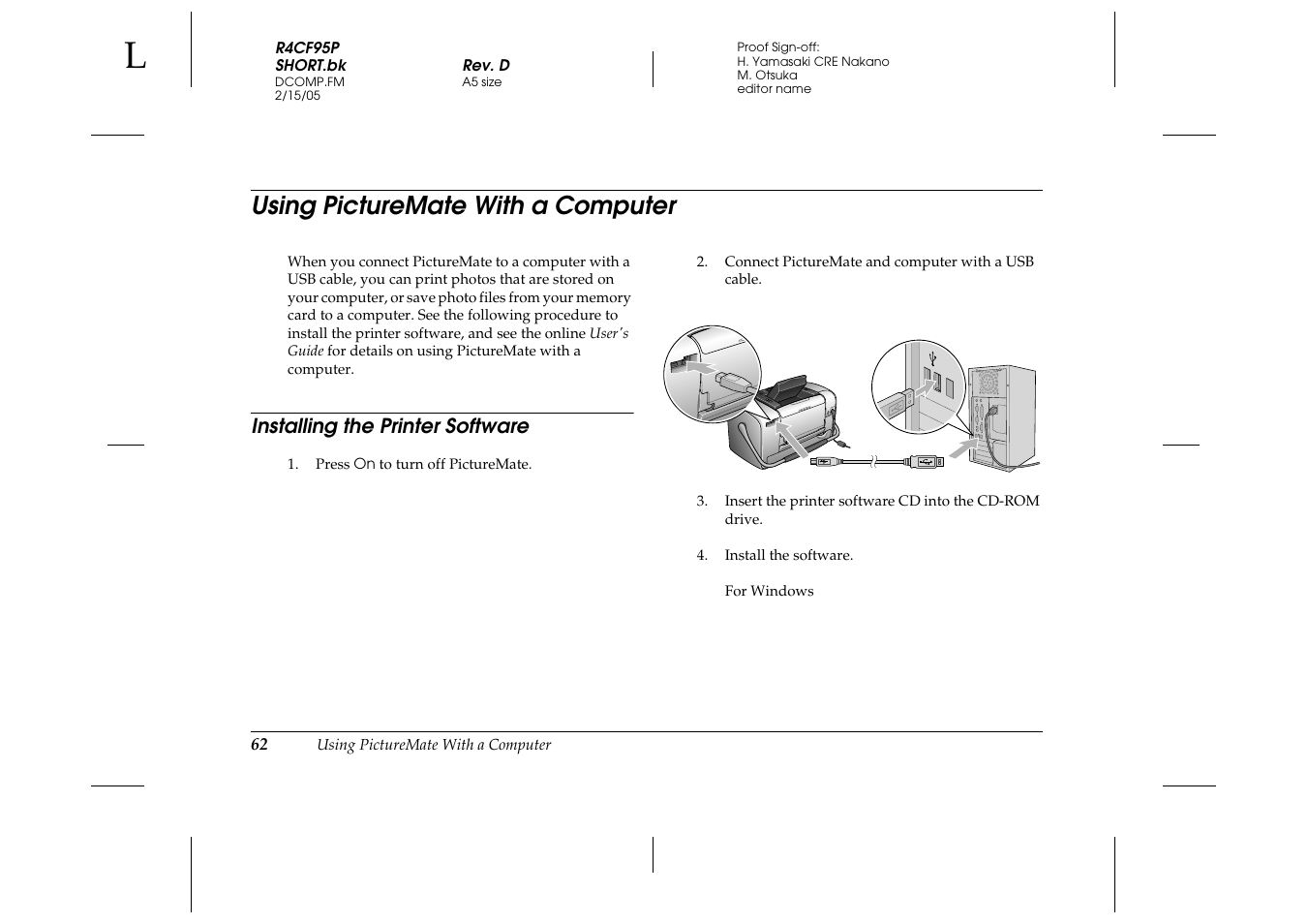 Using picturemate with a computer | Epson PictureMate 500 User Manual | Page 62 / 90