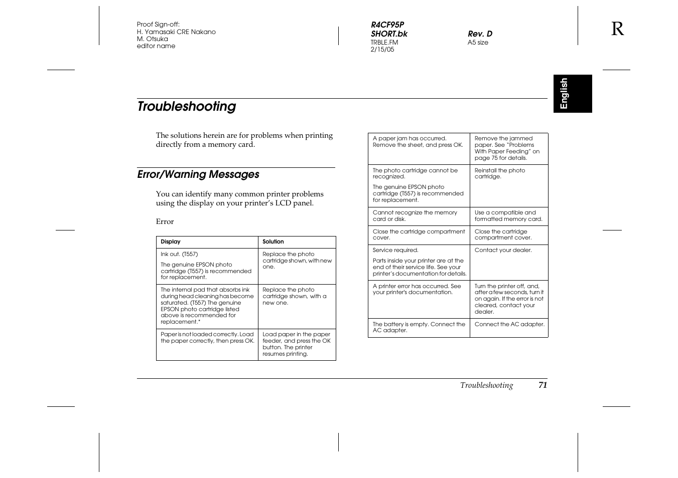 Troubleshooting, Error/warning messages | Epson PictureMate 500 User Manual | Page 71 / 90