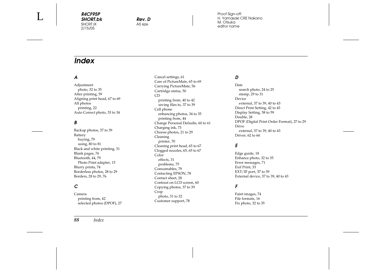 Index | Epson PictureMate 500 User Manual | Page 88 / 90