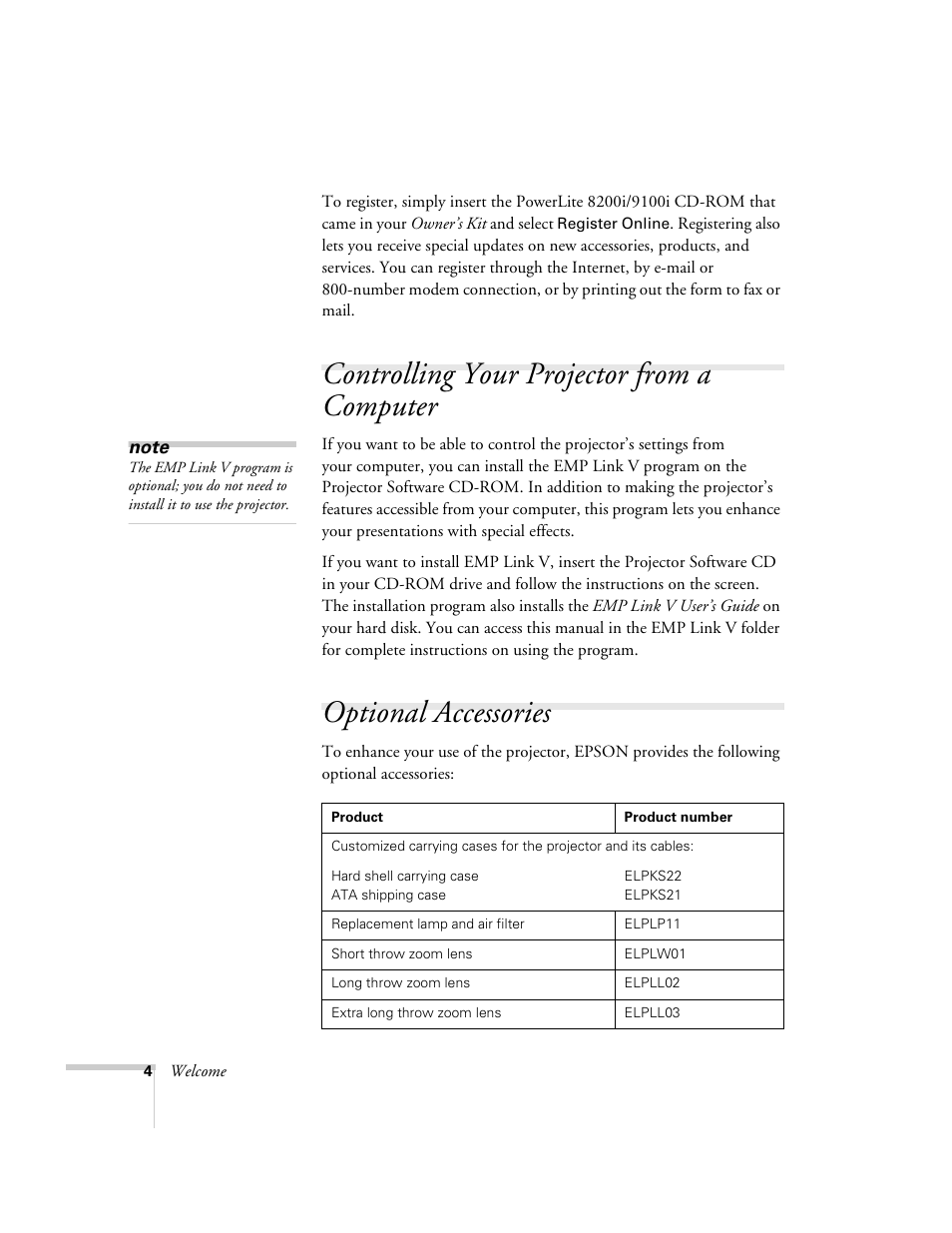 Controlling your projector from a computer, Optional accessories | Epson 8200i User Manual | Page 10 / 122