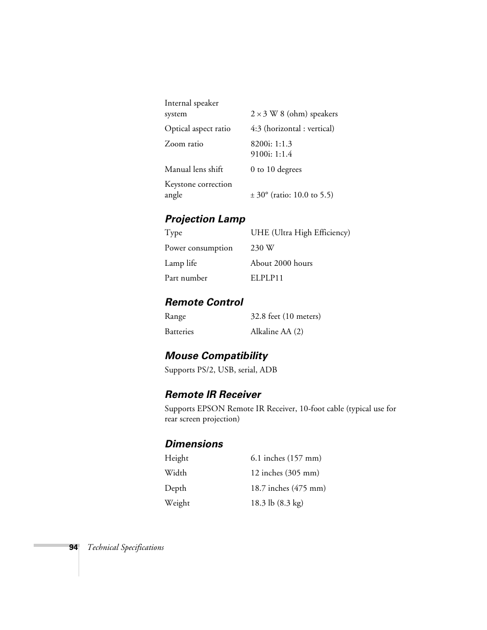 Projection lamp, Remote control, Mouse compatibility | Remote ir receiver, Dimensions | Epson 8200i User Manual | Page 100 / 122