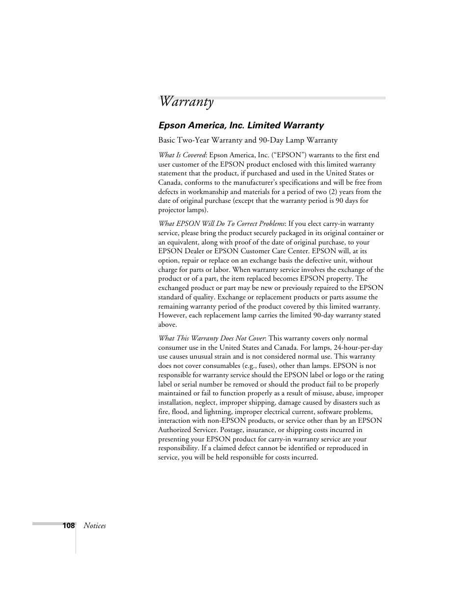 Warranty | Epson 8200i User Manual | Page 114 / 122