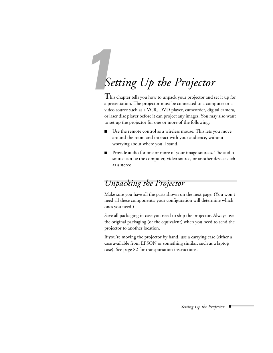 Chap 1-setting up the projector, Unpacking the projector, Setting up | The projector, Setting up the projector | Epson 8200i User Manual | Page 15 / 122