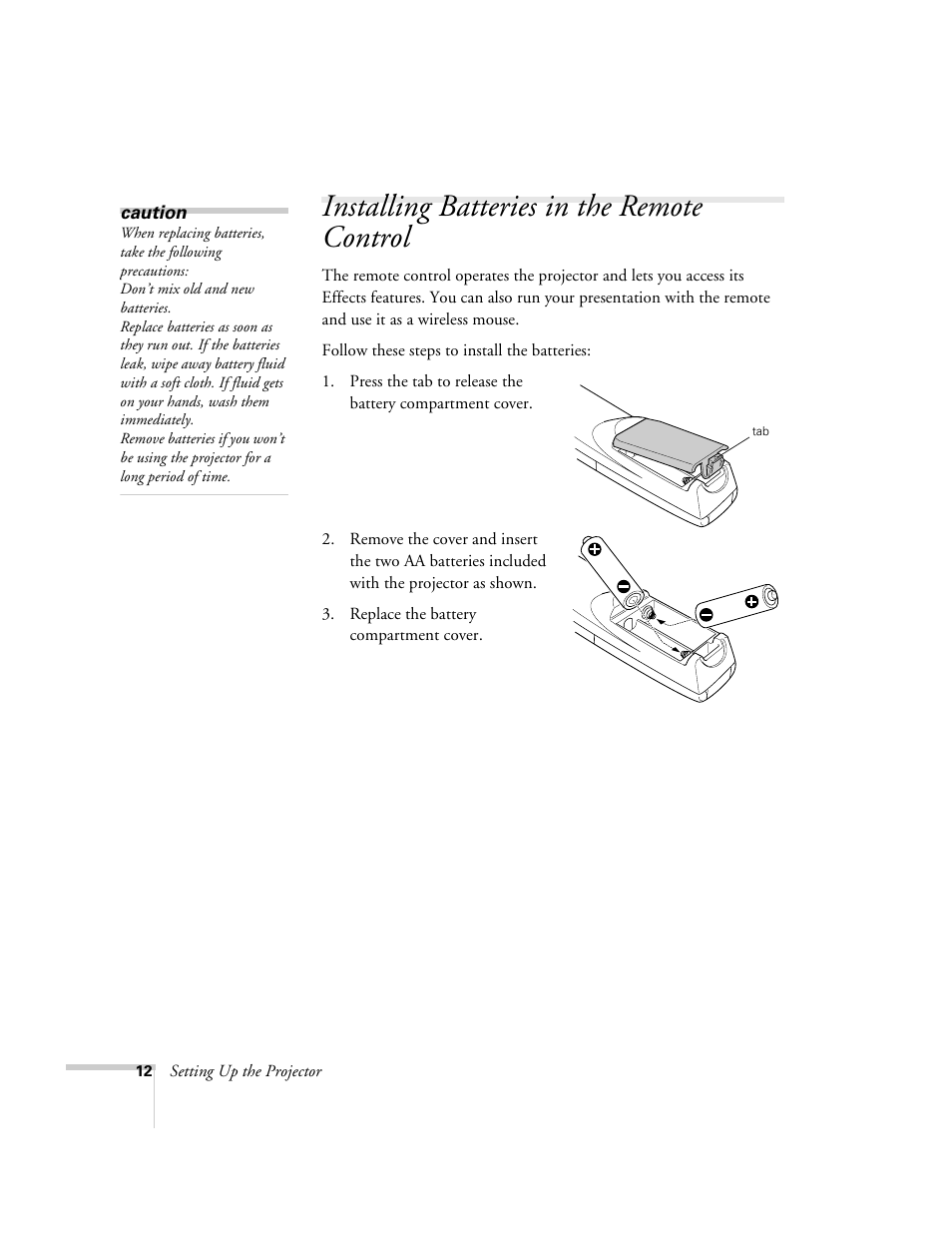 Installing batteries in the remote control | Epson 8200i User Manual | Page 18 / 122