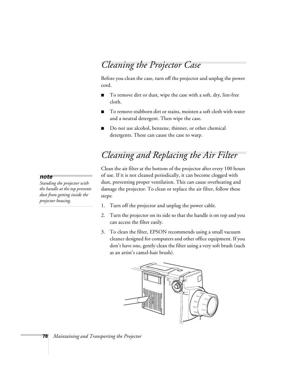 Cleaning the projector case, Cleaning and replacing the air filter | Epson 8200i User Manual | Page 84 / 122