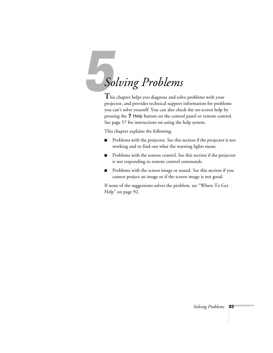 Chap 5-solving problems, Solving, Problems | Solving problems | Epson 8200i User Manual | Page 89 / 122