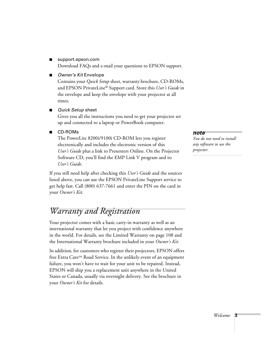 Warranty and registration | Epson 8200i User Manual | Page 9 / 122