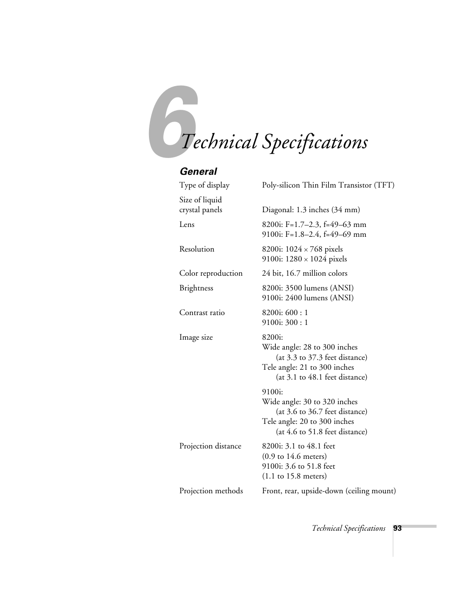 Chap 6-technical specifications, General, Technical | Specifications, Technical specifications | Epson 8200i User Manual | Page 99 / 122