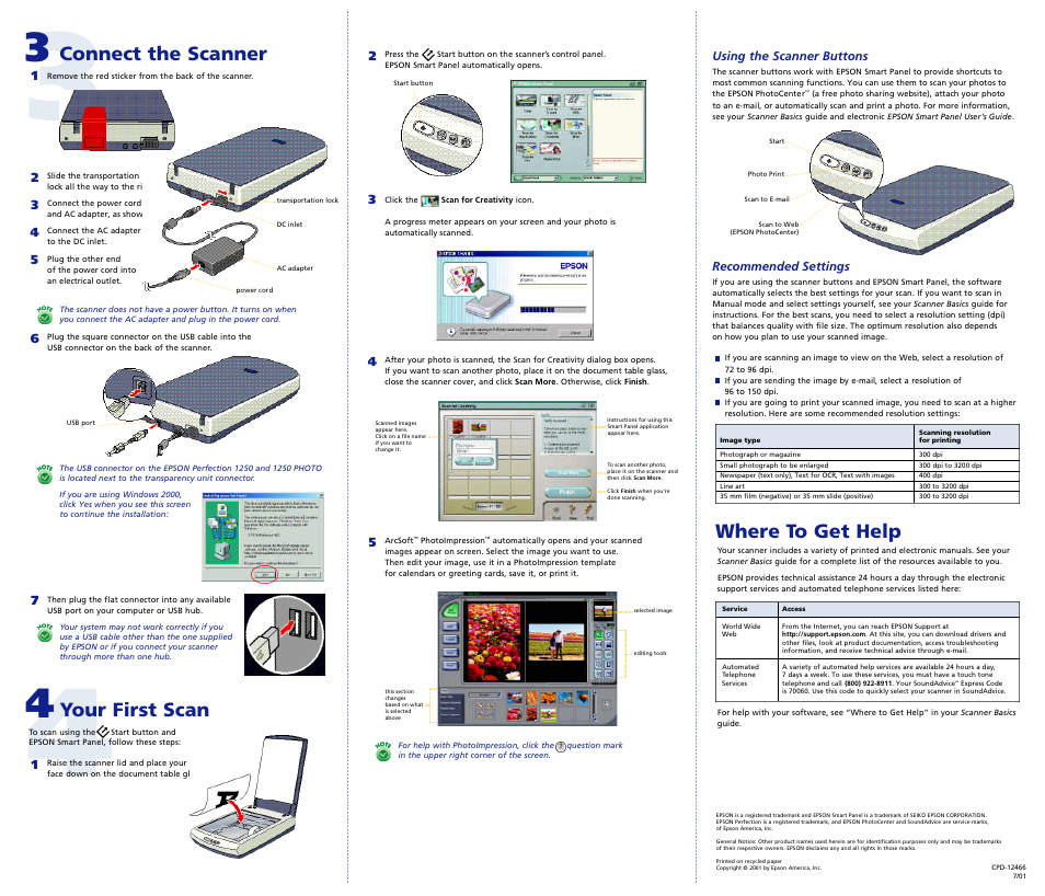 Where to get help, Connect the scanner, Your first scan | Epson Perfection 1250 User Manual | Page 2 / 2