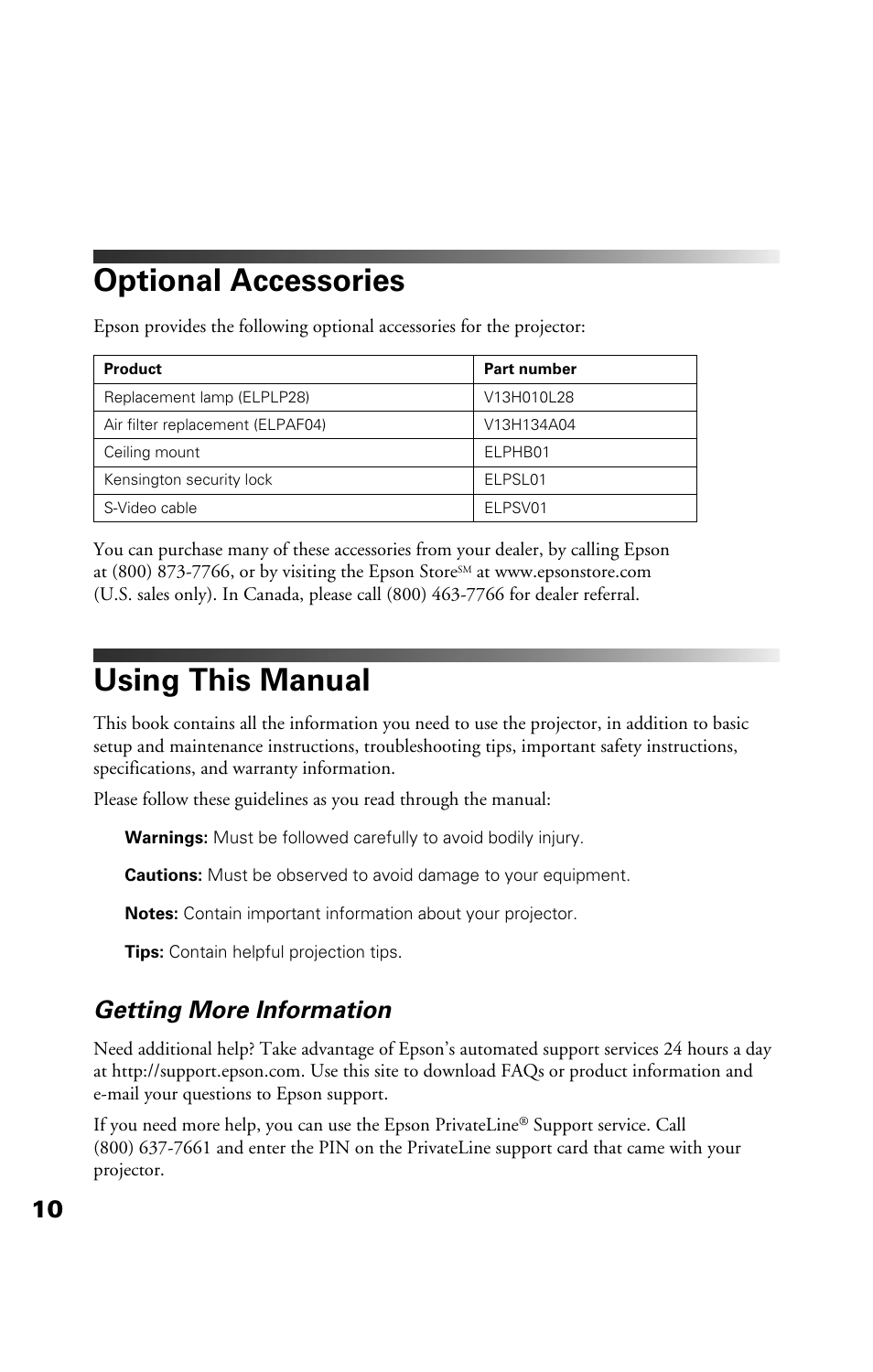 Optional accessories, Using this manual, Getting more information | Epson Cinema 200+ User Manual | Page 10 / 80