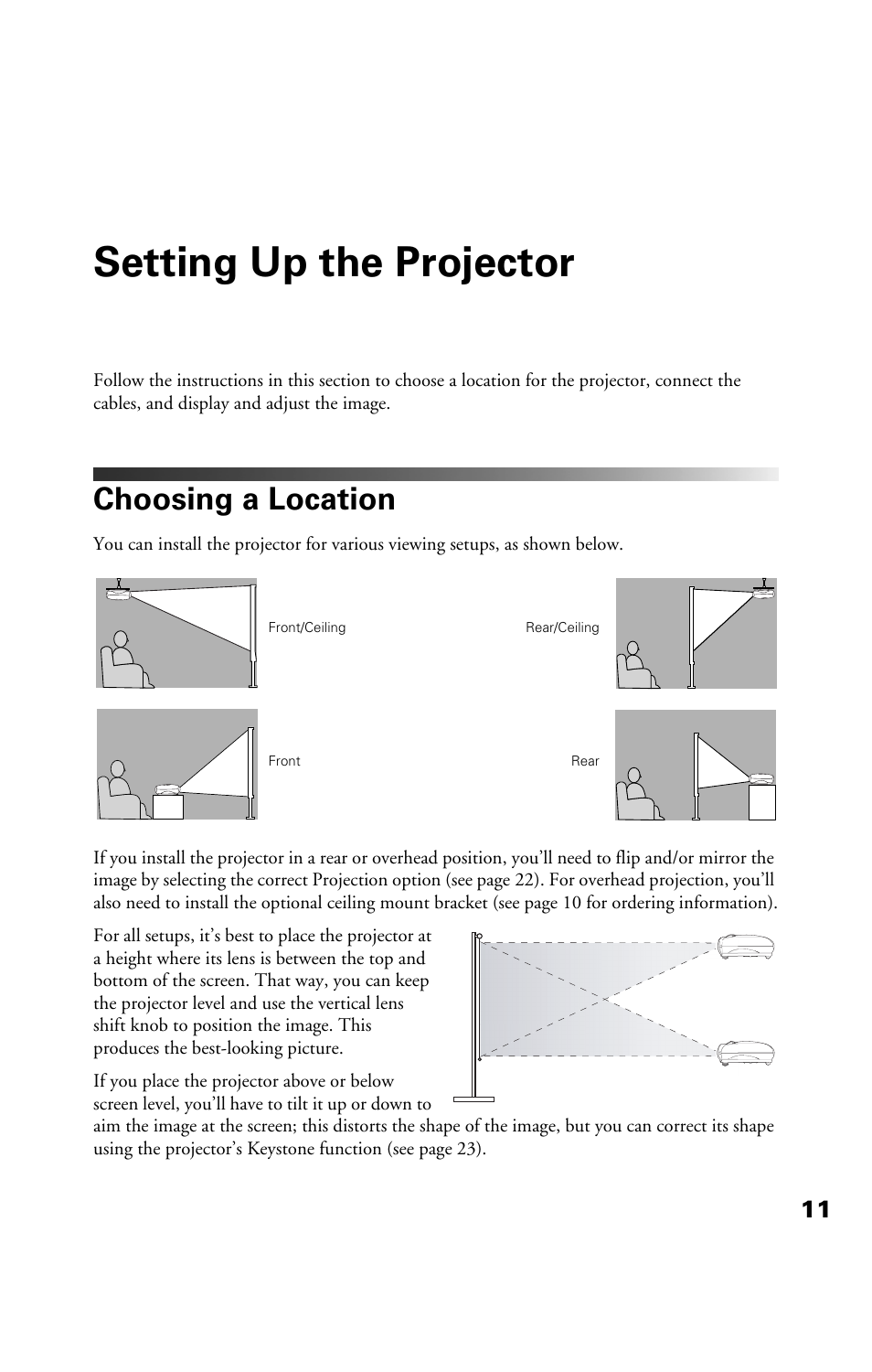 Setting up the projector, Choosing a location | Epson Cinema 200+ User Manual | Page 11 / 80