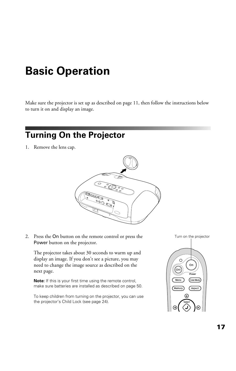 Basic operation, Turning on the projector | Epson Cinema 200+ User Manual | Page 17 / 80